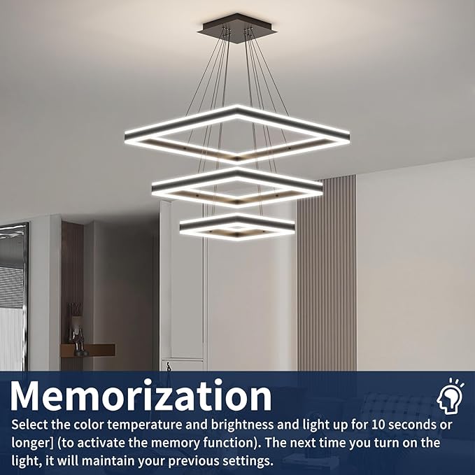 Modern Pendant Light Fixture, 3 Layer Square Black LED Chandelier for Dining Room Table, Dimmable 3000K-6500K, Adjustable Height Kitchen Island Ceiling Hanging Lighting for Living Room Bedroom