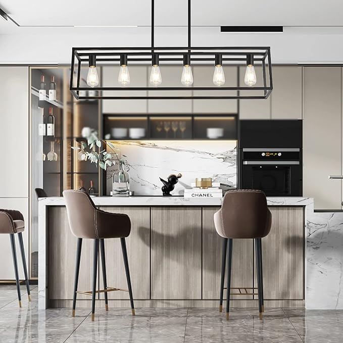 XILICON Farmhouse Chandeliers Rectangle Black 6 Light Dining Room Lighting Fixtures Hanging, Kitchen Island Cage Pendant Lights Contemporary Modern Ceiling Light with Adjustable Rods