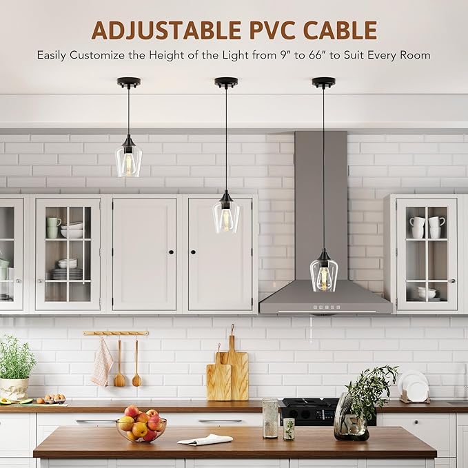 VONLUCE Pendant Light Kitchen Island, Matte Black Pendant Light Fixture with E26 Base & Adjustable Cable, Modern Pendant Lighting with Glass Shade for Living Room Bedroom Hallway