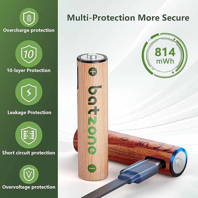 Rechargeable AAA Batteries, 814mWh AAA Batteries Lithium, Long Lasting USB C AAA Rechargeable Battery, 8 Pack with 2 USB-C 2-in-1 Charging Cable Over 1000+ Cycles