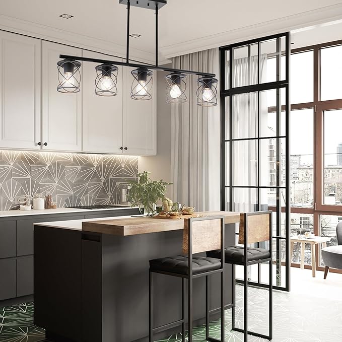 Kitchen Island Light, 5-Light Dining Room Lighting Fixtures Hanging, Farmhouse Linear Pendant Light for Kitchen Island Table Living Room with Adjustable Rods, Black Metal