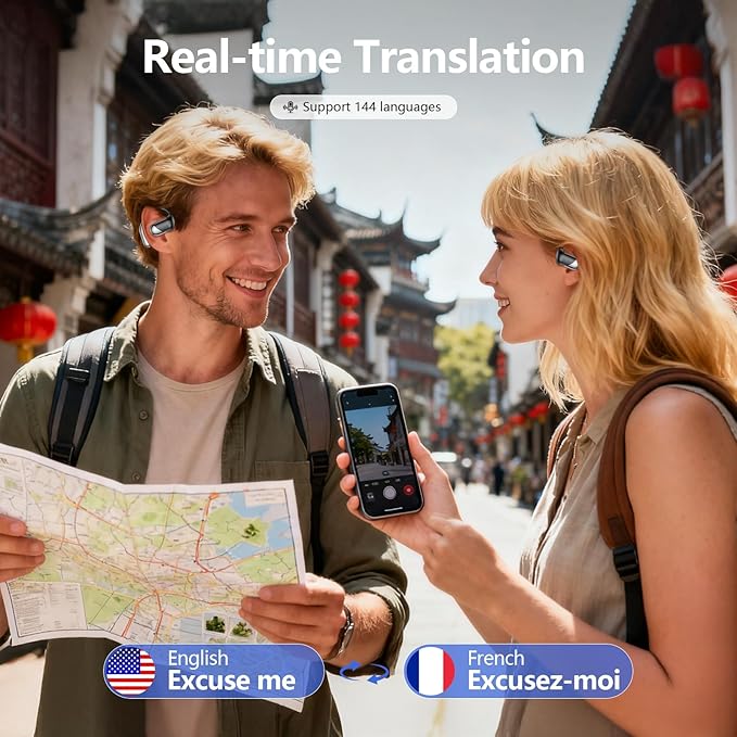 Translation Earbuds Real Time - AI 144 Language Translator Earbuds, Audifonos Traductores Inglés Español, 3-in-1 Translating Device, Translate Ear Buds for Travel Business Learning with Charging Case