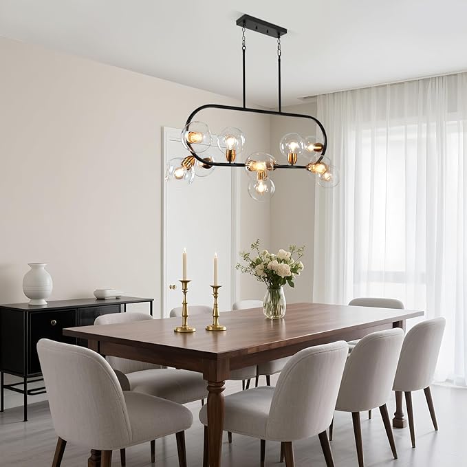 Linear Chandelier for Dining Room 45'' Black and Gold Island Lights Rectangle Dining Room Light Fixture 11-Light Modern Farmhouse Chandelier with Clear Glass Large Mid Century Island Pendant Light