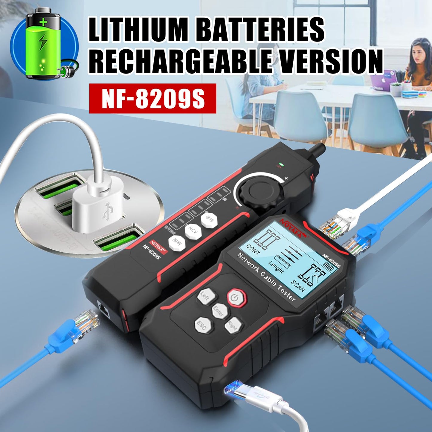 NOYAFA NF-8209S Network Cable Tester for CAT5, CAT6, LAN/Ethernet with PoE and NCV, LCD Anti-Interference scan Mode Wire Tracer Lithium Battery Charge