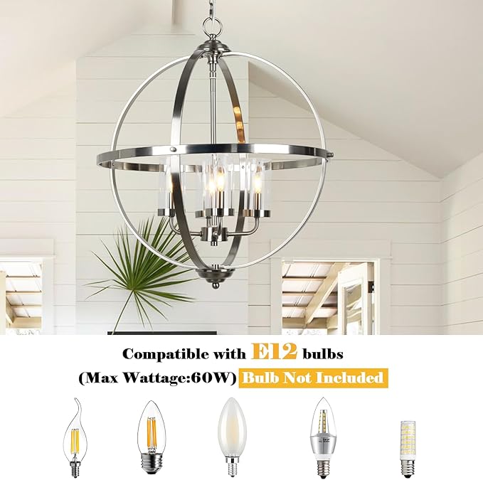 Treekee 20'' Globe Chandelier Brushed Nickel Chandeliers, 4-Light Modern Orb Chandelier, Luxurious Hanging Light Fixture with Glass Shade, Pendant Light for Dining Room Entryway Living Room