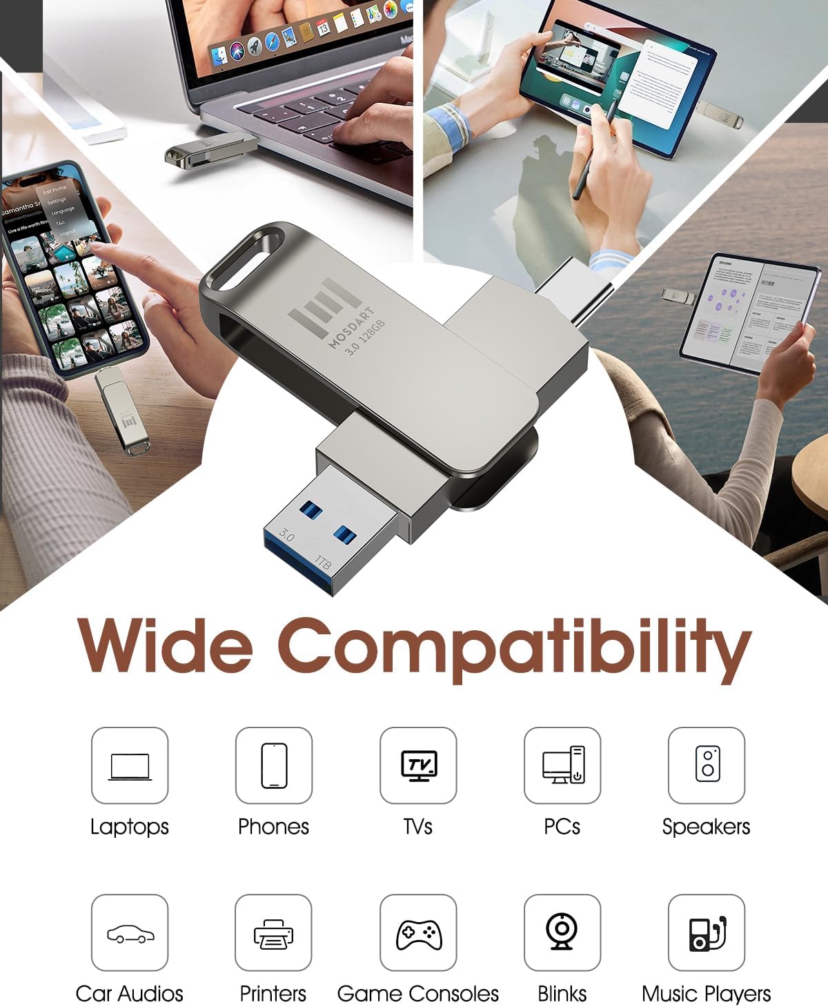 MOSDART 128GB USB3.1 Fast Speed C and A Dual Flash Drive, exFAT Memory Stick with Keychain Loop, for iPhone 15 and 16, Android Phone, iPad, MacBook, Silver