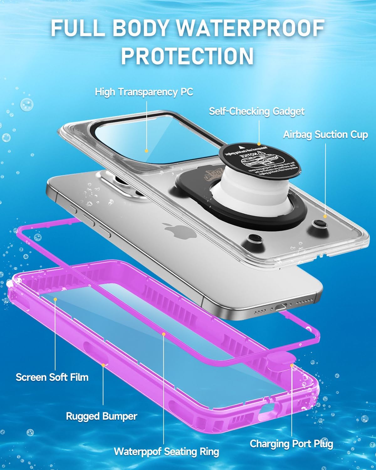 Waterproof Phone Case,IPX8 Waterproof Phone Pouch for Beach & Snorkeling Essentials,Phone Waterproof Case with Lanyard, Universal Case Up to 6.9" for iPhone,Samsung (Purple)
