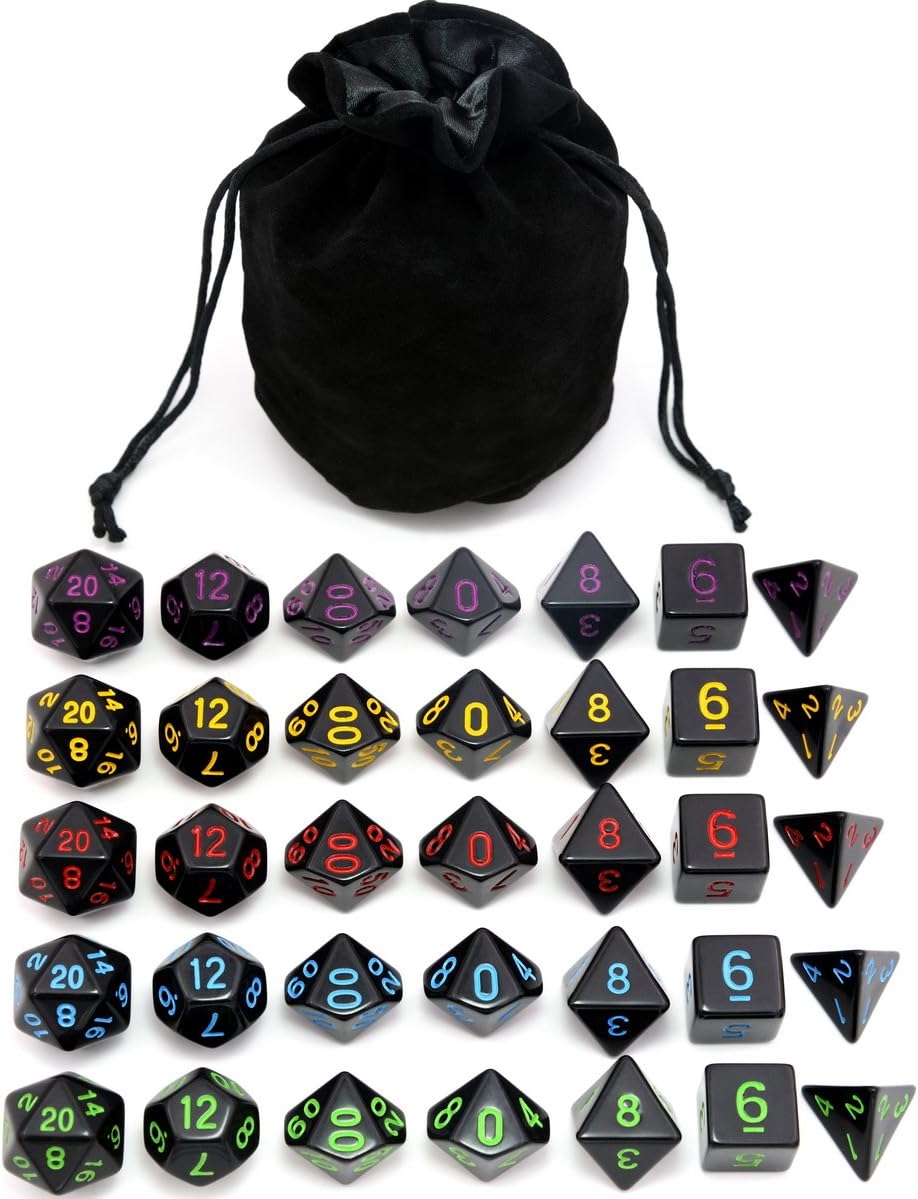 5 Sets New Black Polyhedral Dice with Satin-Lined Velvet Bag for Dungeons and Dragons DND RPG MTG D20 D12 D10 D8 D6 D4