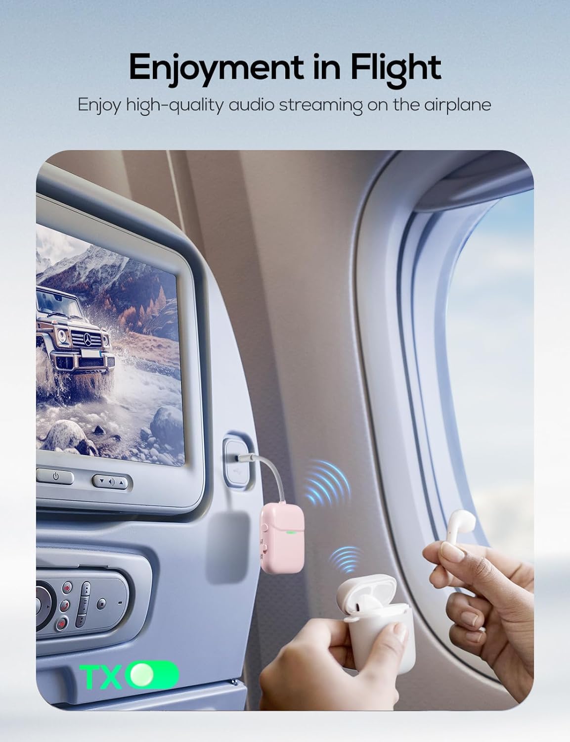 Nulaxy Air in-Flight Bluetooth Wireless Audio Transmitter Receiver for up to 2 AirPods Wireless Headphones, Bluetooth Adapter for All 3.5mm Aux Jacks on Airplanes, Gym Equipment, Pink