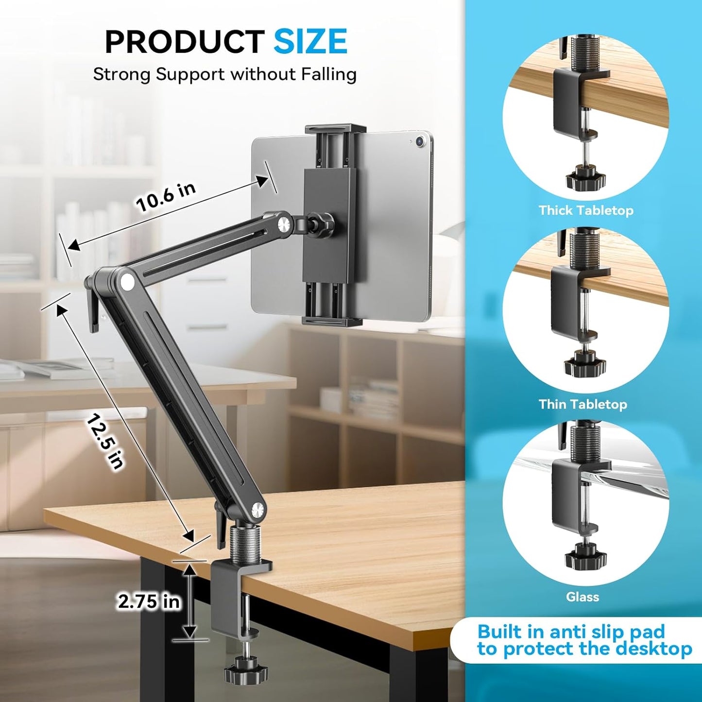 Jakeko Adjustable Tablet Mount for Desk - 360 Degree Rotating Base Tall Arm Holder Stand Swivel Flexible Clamp Soporte para Tablet/Portable Monitor/Ebook