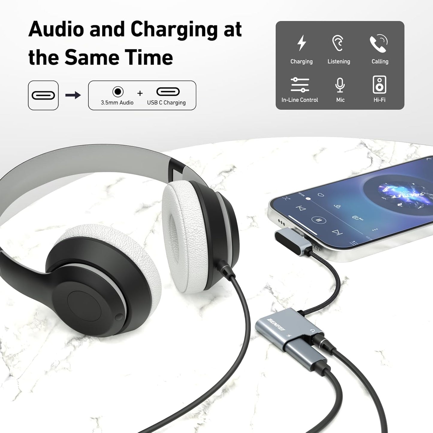BENFEI USB C to Audio Jack Adapter with 60W Fast Charging, USB-C to 3.5mm Female Headphone Compatible with iPhone 15 Pro Max/15 Pro/15, Samsung Galaxy S24/S23/S22/S21 Ultra, iPad Pro, Pixel 8 Grey