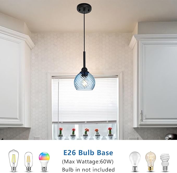 Kitchen Pendant Lighting Over Sink 1-Light Hanging Lights for Kitchen Blue Glass Pendant Lights with Striped Swirl Glass Shade, Suit for Dining Room Bar Hallway