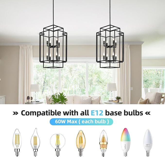 WJShome Modern Black Chandelier, 31.5" Large Chandeliers for High Ceilings, 8-Light Tiered Lantern Pendant Light, Farmhouse Foyer Lighting Fixtures, for Living Room, Staircase, Entryway