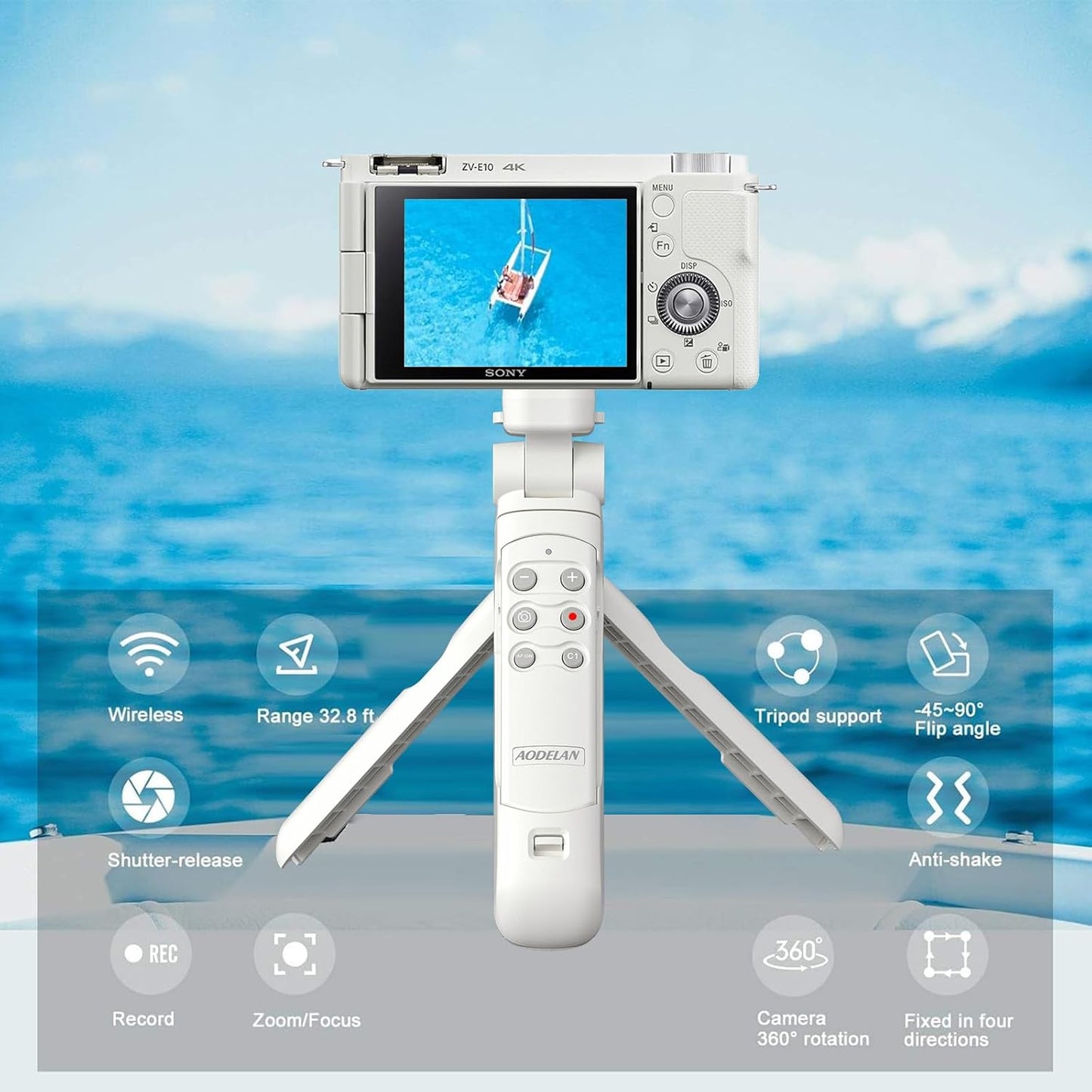AODELAN Wireless Shooting Grip Tripod with Remote Control for Vlogging, for Sony ZV-E10,ZV-1,ZV-1 II, ZV-1F, a6100, a6400, a6600, a7 III, a7R III, a7R IV, a9, a9 II, Replace Sony GP-VPT2BT（White