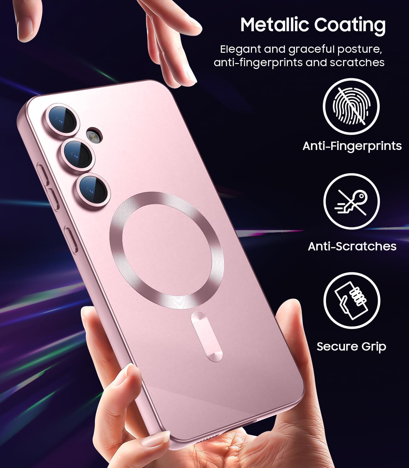 Magnetic for Samsung Galaxy S24 FE Case [Compatible with MagSafe][Built-in Camera Lens Protector] Slim Soft Silicone Bumper Shockproof Metallic Luster Phone Cover (Rose Gold)