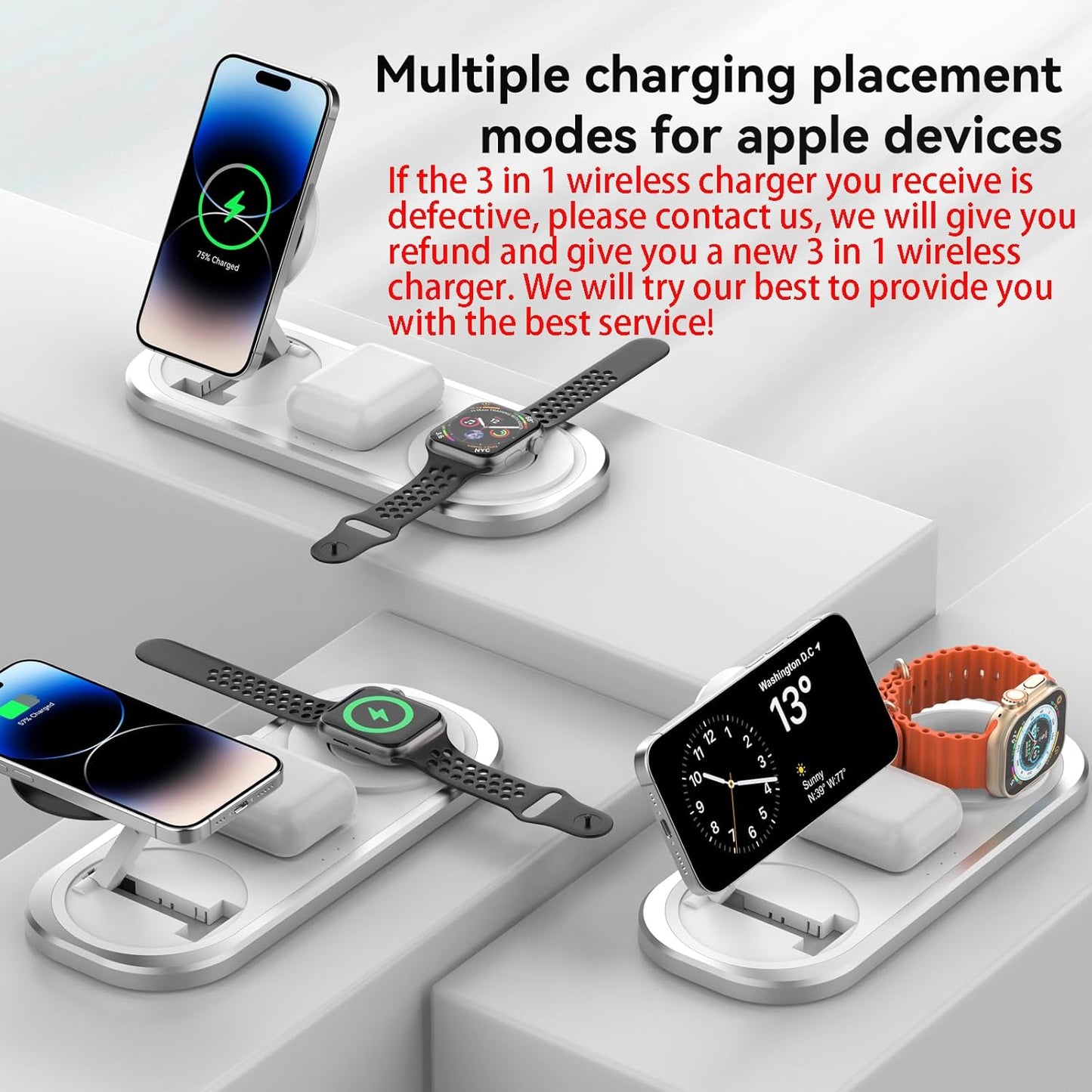 3 in 1 Wireless Charger for iPhone, Foldable Charging Station for Magsafe for iPhone 16/15/14/13/12/Pro Max/Pro/Mini/Plus, Apple Watch 10/9/8/7/SE/6/5/4/3/2/1/Ultra2/Ultra, AirPods pro/2/3/4 (Silver)