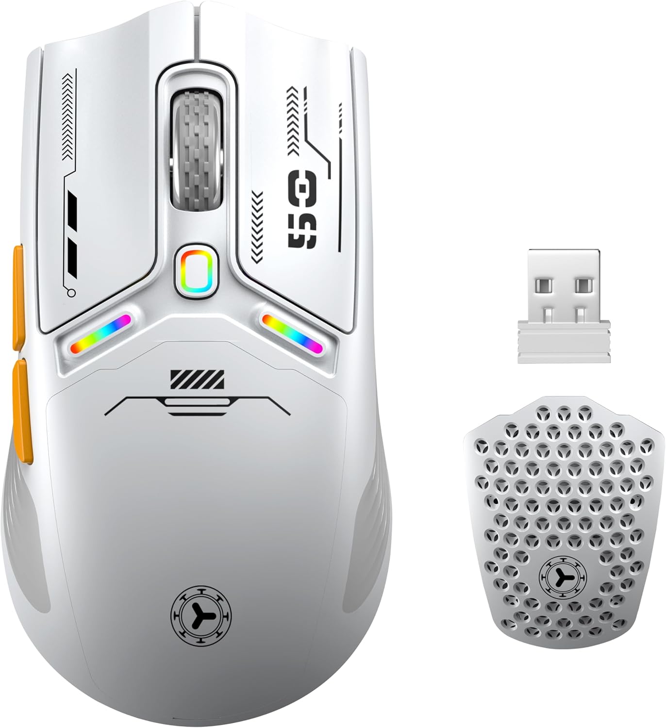TENMOS M530 Wireless Gaming Mouse, 2.4G/Bluetooth/USB C Wired Rechargeable Mouse, 12000 DPI, RGB, 6 Programmable Buttons, Honeycomb Magnetic Cover, with Receiver Extender for Laptop/PC/Mac, White
