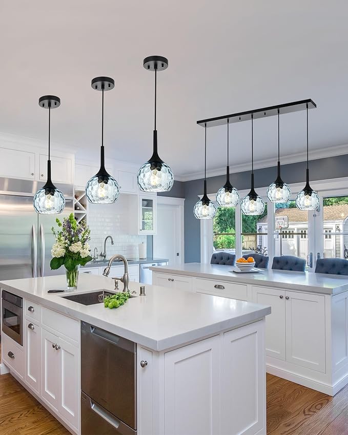 VINLUZ Farmhouse Chandelier 5-Light Classic Pendant Light with Blue Round Ribbed Glass Shade, Black Finish Linear Hanging Lighting Dining Room Light Fixture