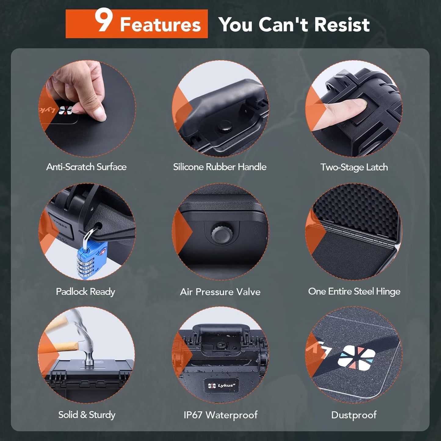 Lykus HC-3310 Waterproof Hard Case with Customizable Foam Insert, Interior Size 12.99x8.27x5.31 in, Suitable for pistol,camera,lens,drone,mic,flashlight,telescope,action cam,electronics,tools,and more