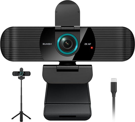 RUWBY QHD 2K Webcam with Built-in Dual Mics, Wide-Angle Lens, Privacy Cover, Tripod Stand, Autofocus PC Camera, Plug and Play for Desktop Computer or Laptop