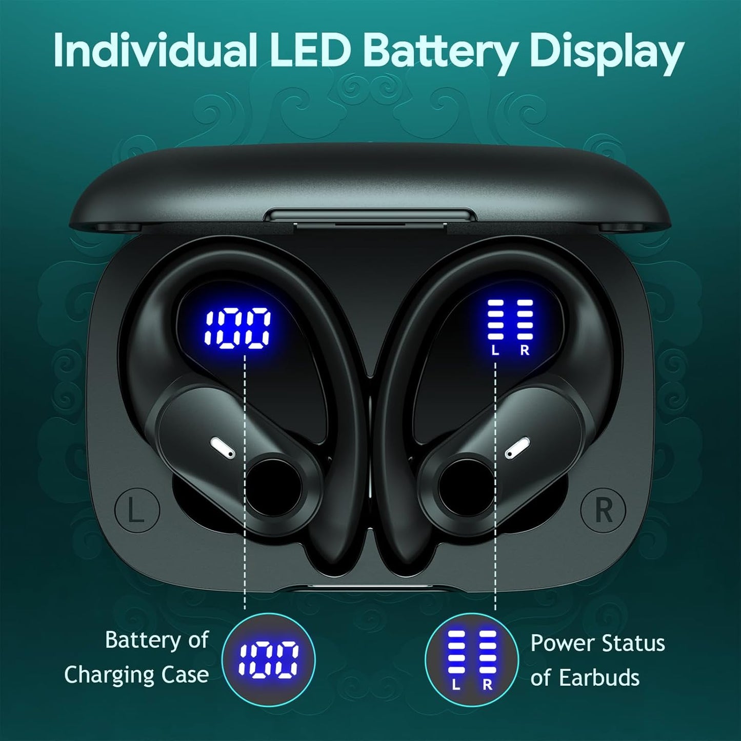 GOLREX Active Noise Cancelling Ear Buds Wireless Earbuds Bluetooth Headphones with 80H Playtime LED Display Wireless Charging Case, Over-Ear Hooks Earbud for Sports Running Gym Workout Black