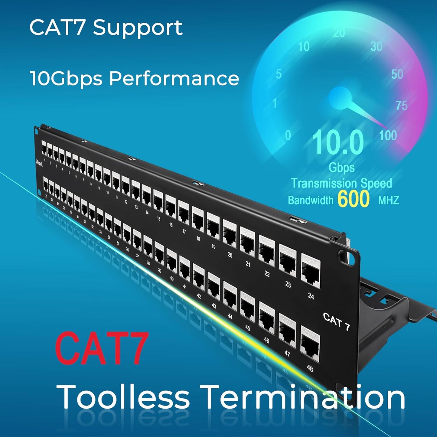 Rapink 48 Port Cat7 Patch Panel with Inline Keystone 10G Support, 19-Inch STP Shielded Coupler, 2U Network Patch Panel for Cat7, Cat6, Cat6A, Cat5e Cabling