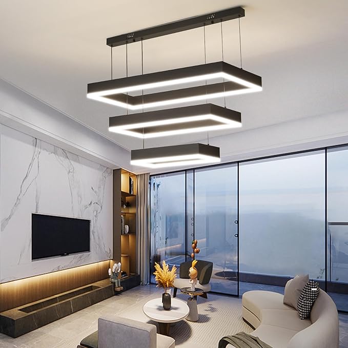 Modern Kitchen Island Pendant Light, Rectangle Dimmable LED Chandelier, 3 Layer Adjustable Ceiling Light Fixture for Dining Room, Living Room, Bedroom, 3000K-6500K, Black Foyer Hanging Light