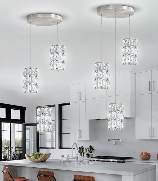 3-Lights Modern Crystal Pendant Lights for Kitchen Island LED Dimmable Glam Pendant Lighting Chandelier for Dining Room Hallway Corner Lamp Nickel