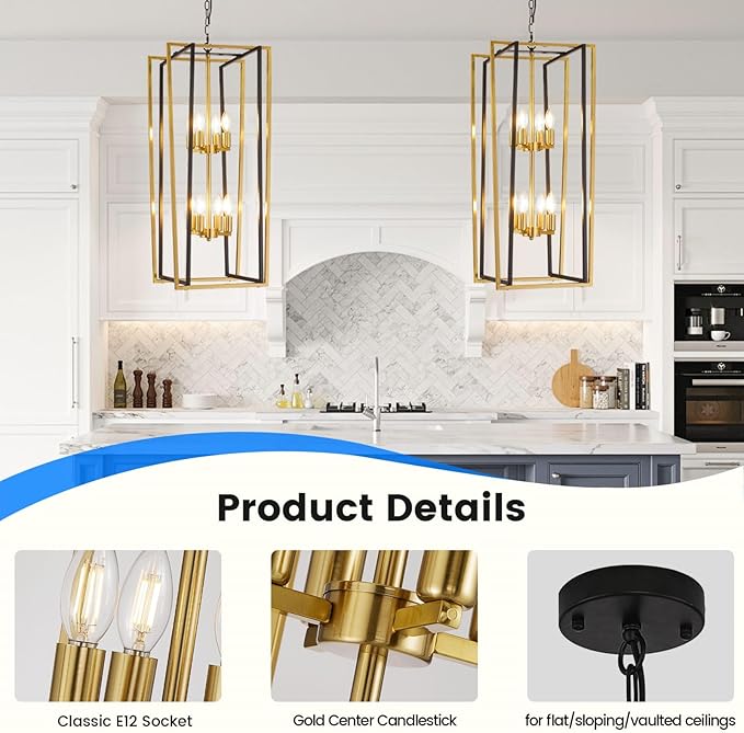 Black and Gold Chandelier, 8-Light Tiered Lantern Pendant Light Fixtures, Industrial Foyer Lighting Fixtures, Large Long Chandeliers for High Ceilings, Farmhouse Chandelier for Staircase, Entryway