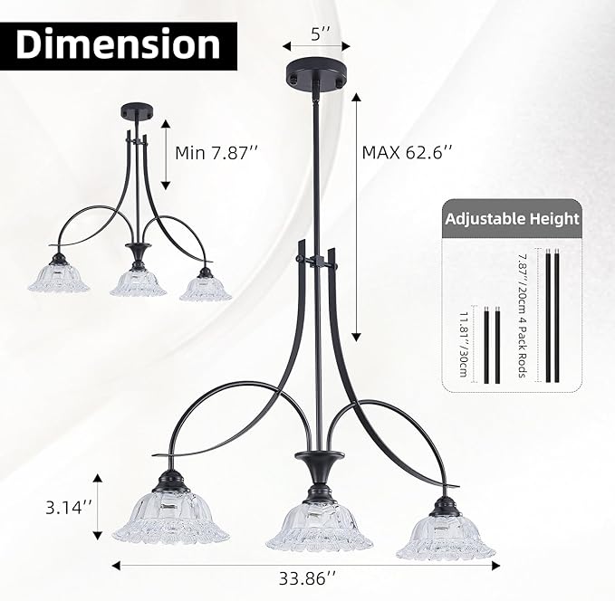 Vintage Pendant Light Fixtures for Kitchen Island,3-Light Black Dinner Room Chandelier with Flower Lampshade, Adjustable Height Hanging Light Fixture for Hallway Entryway