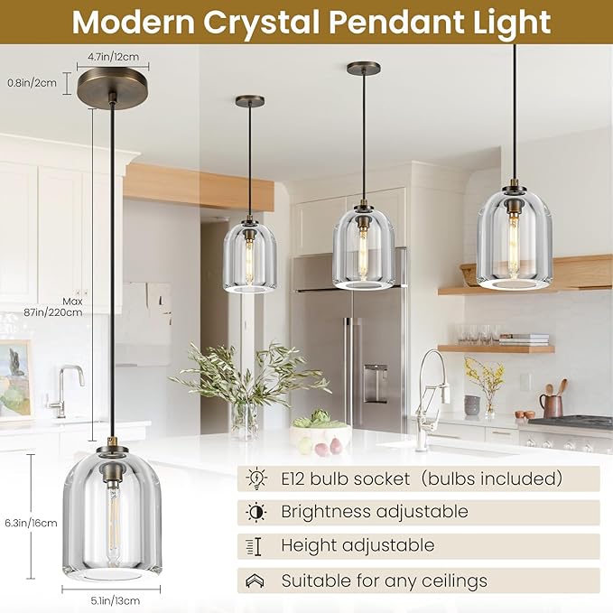 Crystal Pendant Light Kitchen Island: 5.1" Vintage Copper Hanging Lights above Dining Table - K9 Crystals Lighting over Kitchen Sink - Luxury Cylinder Pendants Light Fixtures Bulb Included for bedroom