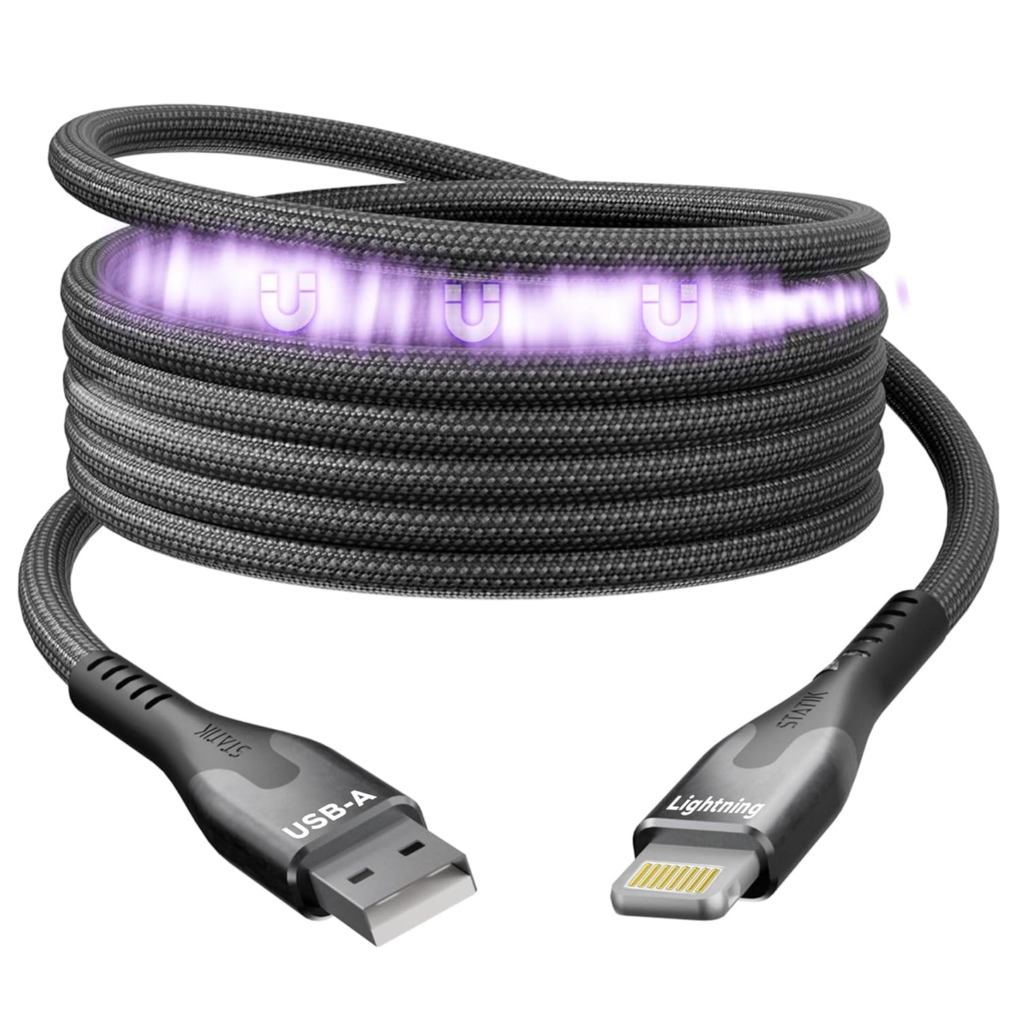 Statik MagStack USB A to Lightning Cable MFi Certified, Clutter-Free Magnetic Charging Cable, Anti-Tangle Phone Charger Cord, 12W, Compatible with iPhone 14 Pro Max, 13 12 11, 6FT/2M