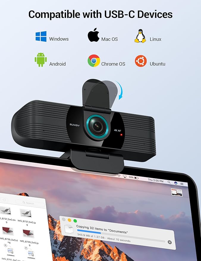 RUWBY UHD 4K Webcam with Built-in Dual Mics, Wide-Angle Lens, Privacy Cover, Tripod Stand, Autofocus PC Camera, Plug and Play for Desktop Computer or Laptop