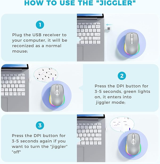 PEIOUS Wireless Mouse Jiggler - LED Wireless Mice with Build-in Mouse Mover, Rechargeable Moving Mouse for Laptop with Undetectable Random Movement Keeps Computers Awake - Silver
