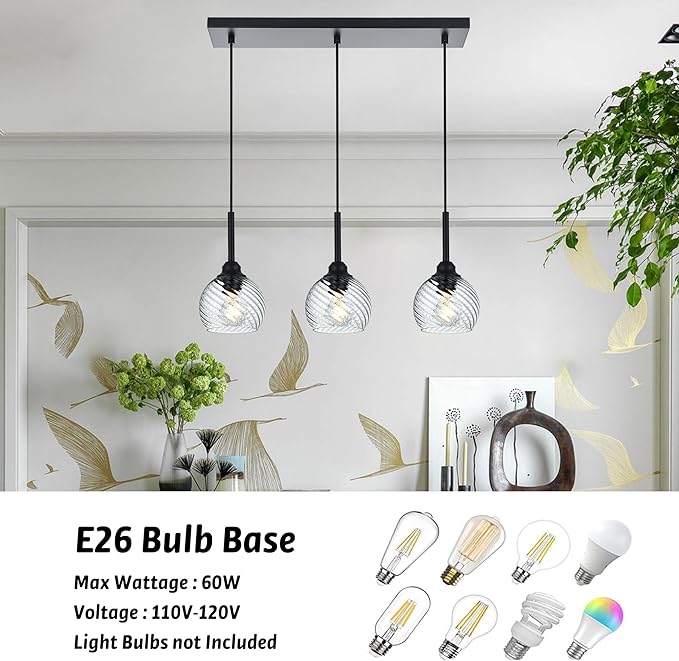 3 Light Linear Island Lights with Striped Swirl Globe Glass, Black Kitchen Hanging Pendant Light Fixture Farmhouse Chandelier for Dining Room Bar Living Room