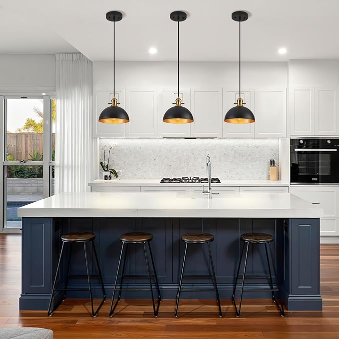 12 Inch Pendant Lights for Kitchen Island Matte Blacks Farmhouse Pendant Light fixtures Adjustable Height Dome Hanging Light for Dinning Room Bedroom Hallway,3 Packs