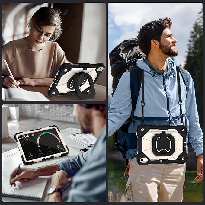 Case for iPad (A16) 11th Generation 11 Inch (2025) iPad 10th Generation 10.9 Inch (2022),Shockproof i Pad Case 11.0/10.9 Inch with 360° Rotatable Folding Handle Stand,Black Beige