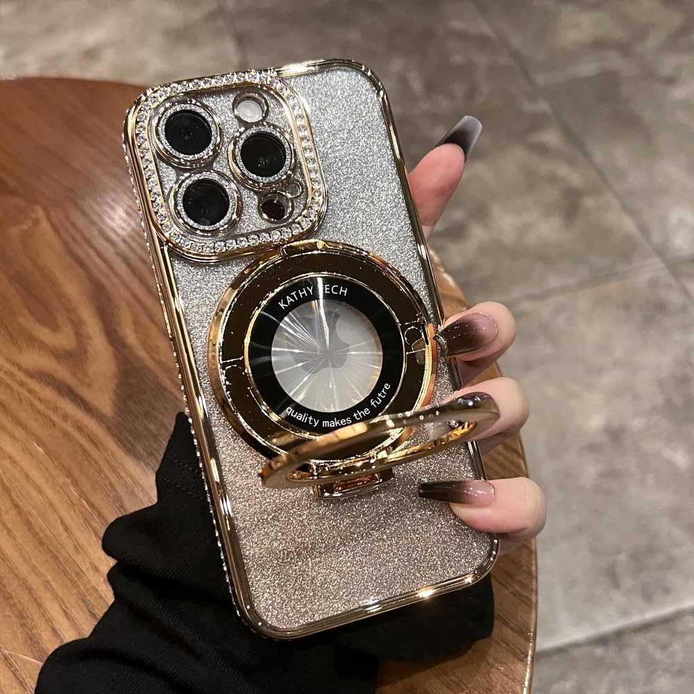 Magnetic Kickstand (Glitter Lens Protector ) Case for iPhone 15 14 13 12 Pro Max (Compatible with Magsafe ) Sparkling Diamond Cover Glitter Shiny Rhinestone Cases (Gold,for iPhone 13 Pro Max)