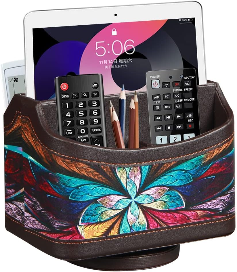 Fanousy 360° Rotating Remote Control Holder, PU Leather TV Remote Caddy Organizer Basket Storage Box with 5 Compartments for Pen, Pencil, Art Supplies, Makeup Brush, Office Desk Table Accessories