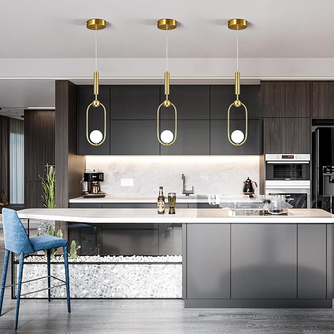 Modern Oblong Glass Pendant Light fixtures 1-Light, Simplicity Gold Pendant Lighting, Mid Century Chandelier for Kitchen Island Dining Room Bedroom Entryway Hallway(2-Pack)