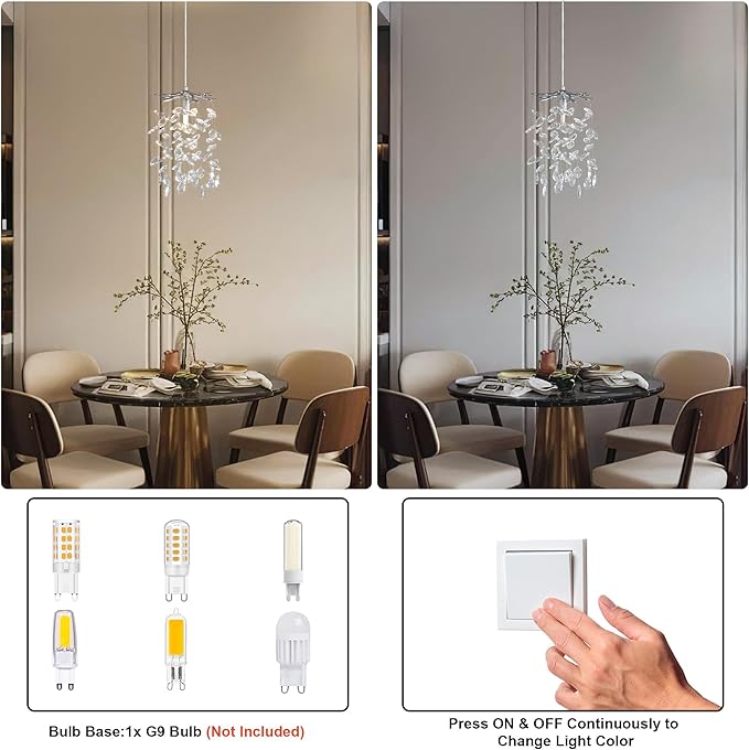 YUYI Modern Crystal Chandelier, 8.3" Silver Tree Branch Chandelier for Dining Room, Luxury Raindrop Pendant Light Fixture for Living Room, Kitchen Island, Bedroom, Foyer, 1 Light
