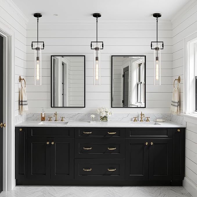 Matte Black Glass Pendant Light: Modern Knurled copper Pendant Lights Kitchen Island Set of 2 - Industrial Hanging Light Fixtures with Long Tube - Height Adjustable Pendants Lighting for Living Room