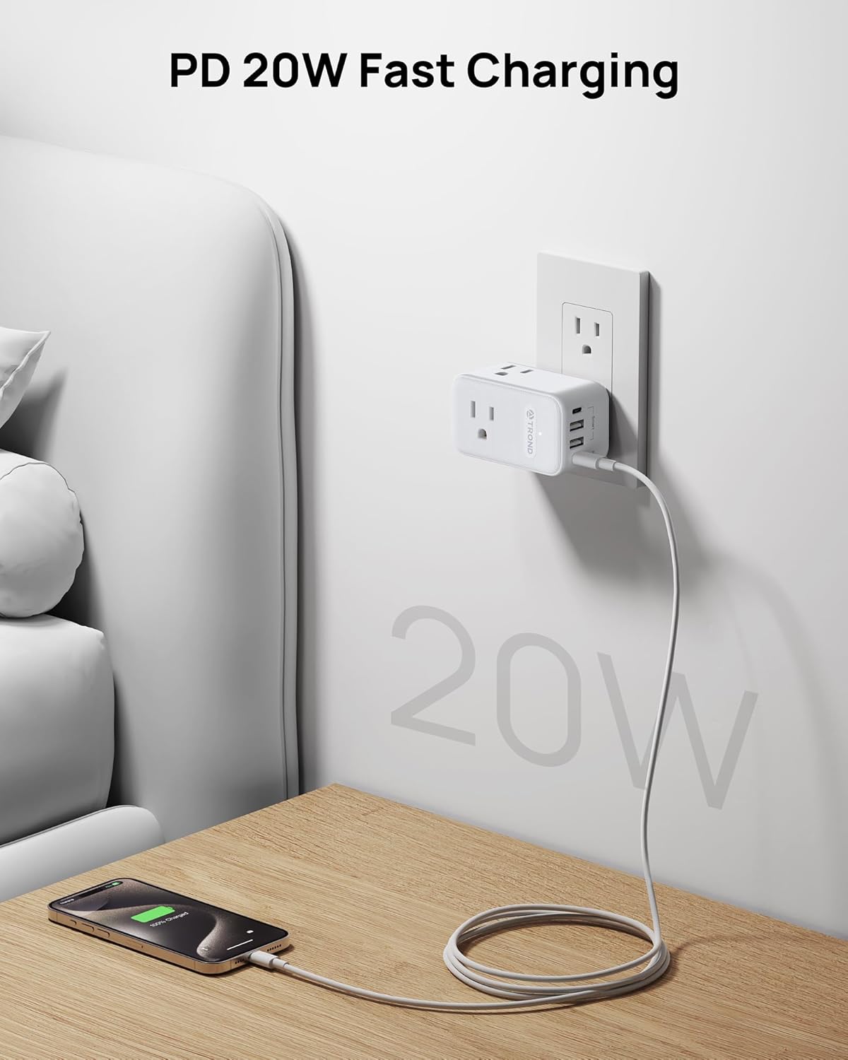 TROND Outlet Extender with 360 Rotating Plug, 3 AC Outlet Splitter with PD 20W USB C Charger, USB Wall Plug Adapter, A Small Charging Station for Kitchen Bathroom Cruise Ship Travel Essentials