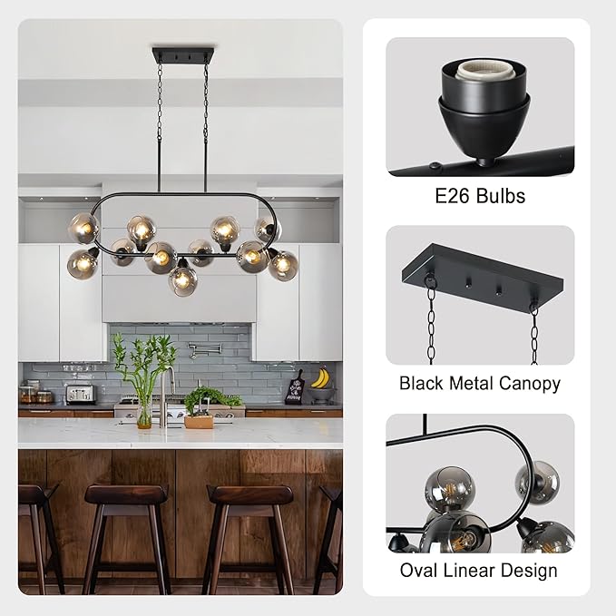 Black Chandelier for Dining Room Linear Island Lights for Kitchen 45'' Modern Large 11-Light Rectangular Chandeliers Over Island Farmhouse Glass Dining Room Pendant Light with Grey Glass Globe Shade