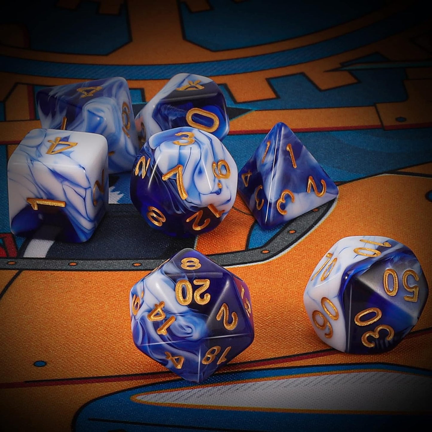 QMAY DND Dice Set - 7 Pcs Polyhedral Dice with D&D Dice Bag for Dungeon and Dragons, RPG, MTG, Role Playing Games Dice (Blue Mix White)
