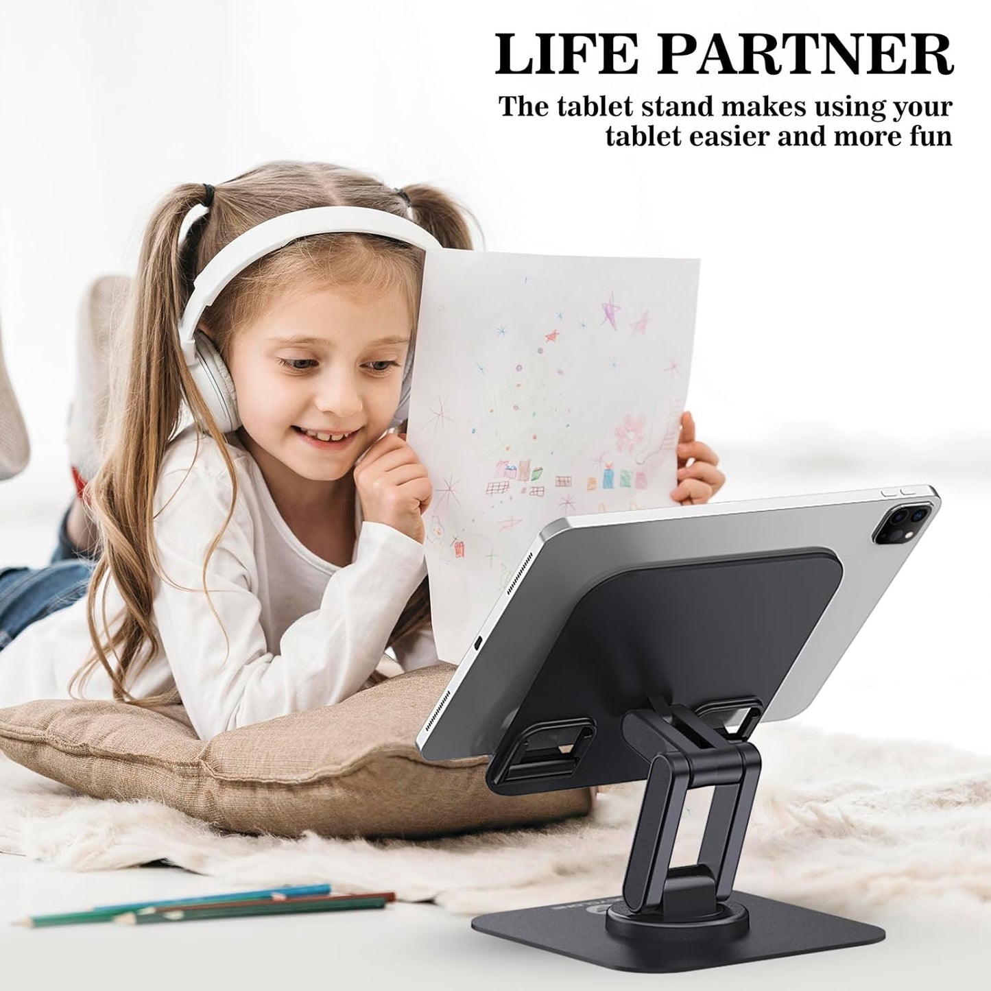 OCYCLONE for iPad Stand for Desk, 360 Rotating Adjustable Portable Monitor Tablet Holder Office Accessories Compatible with Kindle 4" - 15.6" Tablet iPad PS iPhone, Black