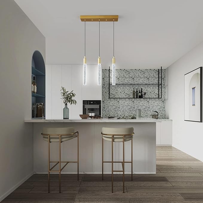 Kitchen Island Lighting Modern Light Fixture Gold Pendant Light Dimmable LED Gold Brass Finish Mini Crystal Pendant Lights for Dining Room Living Room（3-Light）