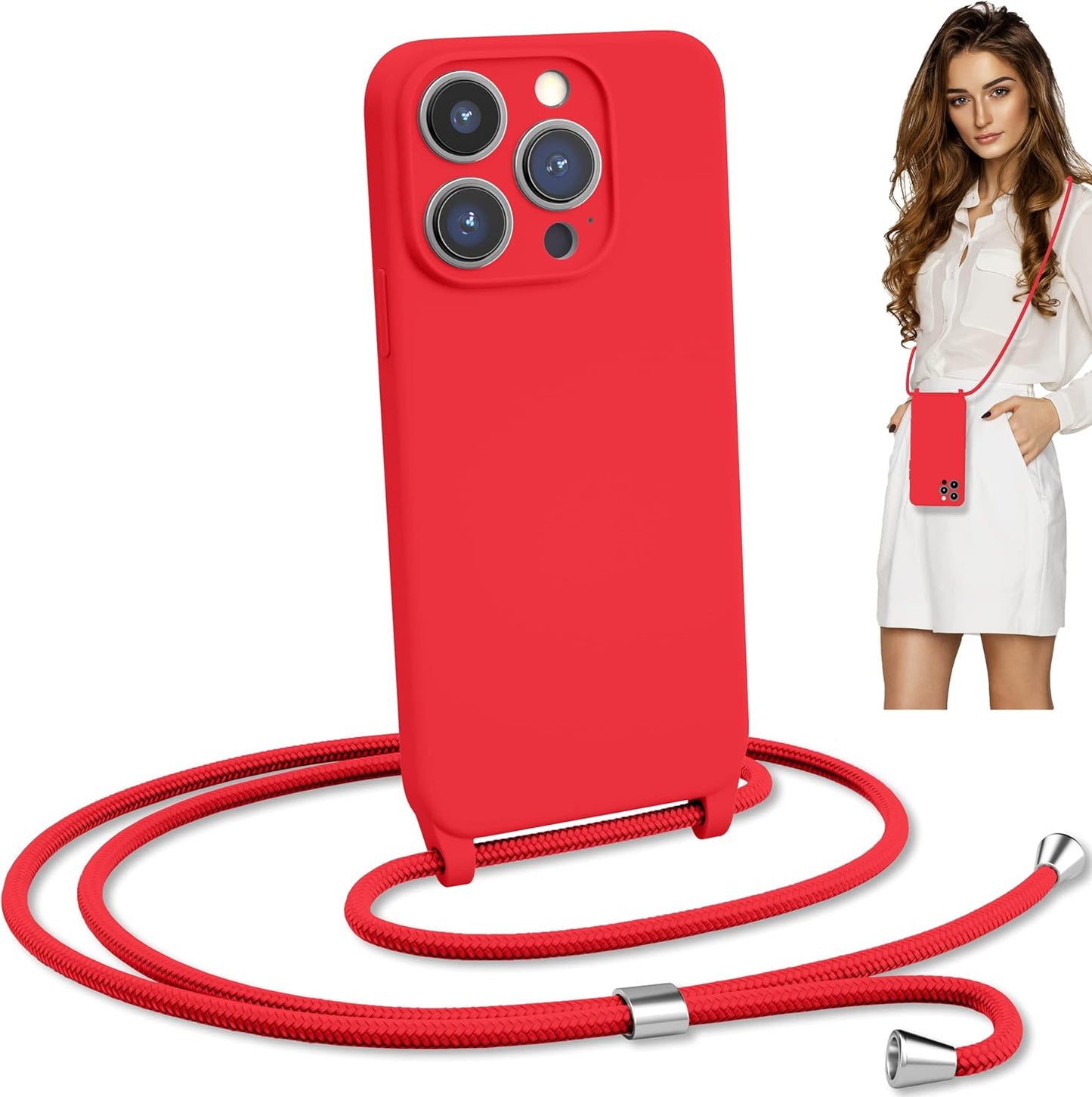 Blaspins Crossbody Lanyard Strap Case for iPhone 13 Mini, Neck Cross Body, Adjustable Holder Removable, Drop Protection Shockproof, Hands-Free Silicone Case 5.4 inch, 150 cm Strap, iP13mini - Red