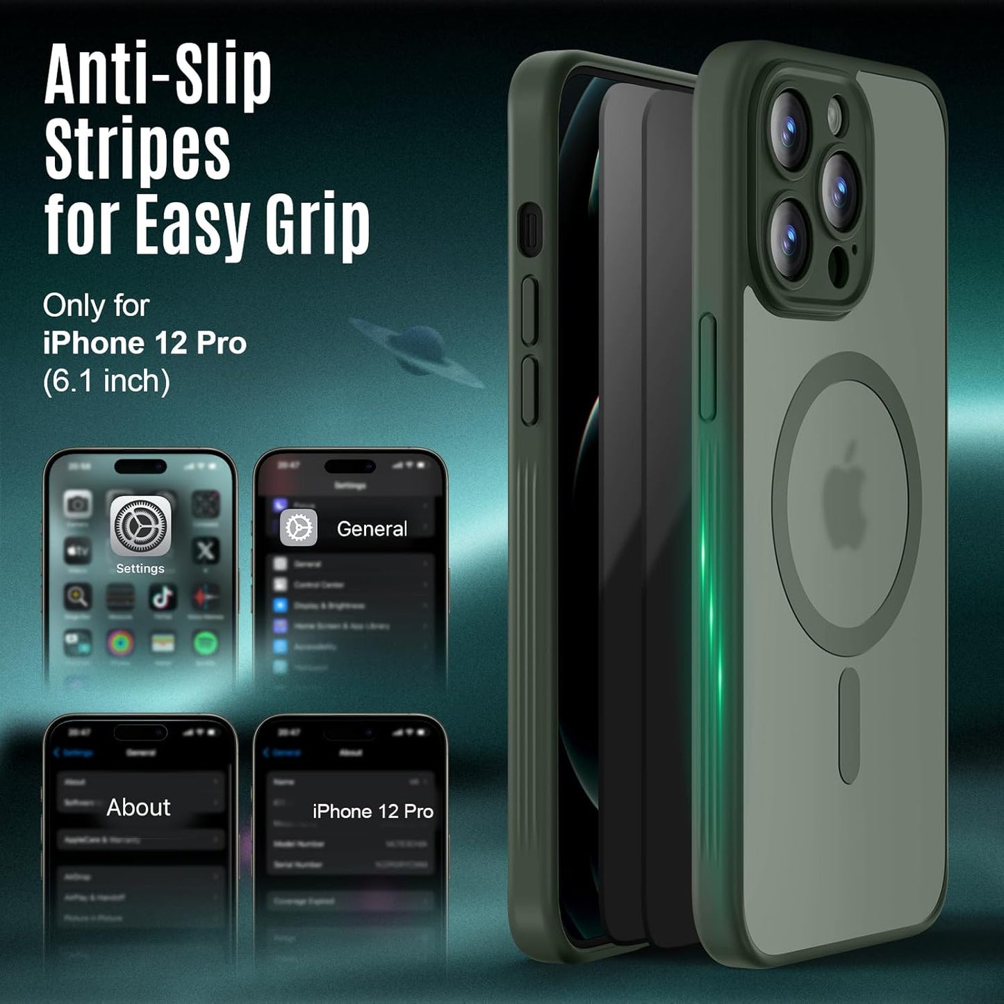 Designed for iPhone 12 Pro Case, Compatible with MagSafe, with Privacy Screen Protectors X2, [Camera Protection] [15FT Military Drop Protection] Shockproof Phone Case, 6.1", Alpine Green