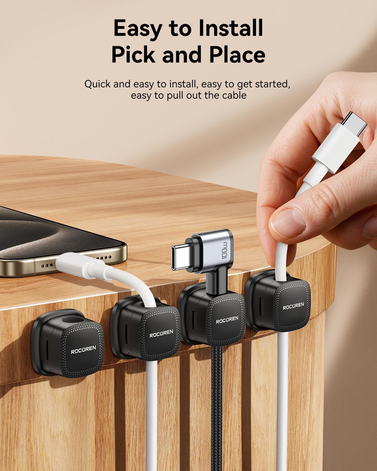 30-Pack Magnetic Cable Clips Cord Organizer,Cable Straps Smooth Adjustable,Rocoren Cable Management Accessories,Cable Holder Clips Wire Holder Keeper for Desktop,Nightstand,Home Office,Workspace,Phone